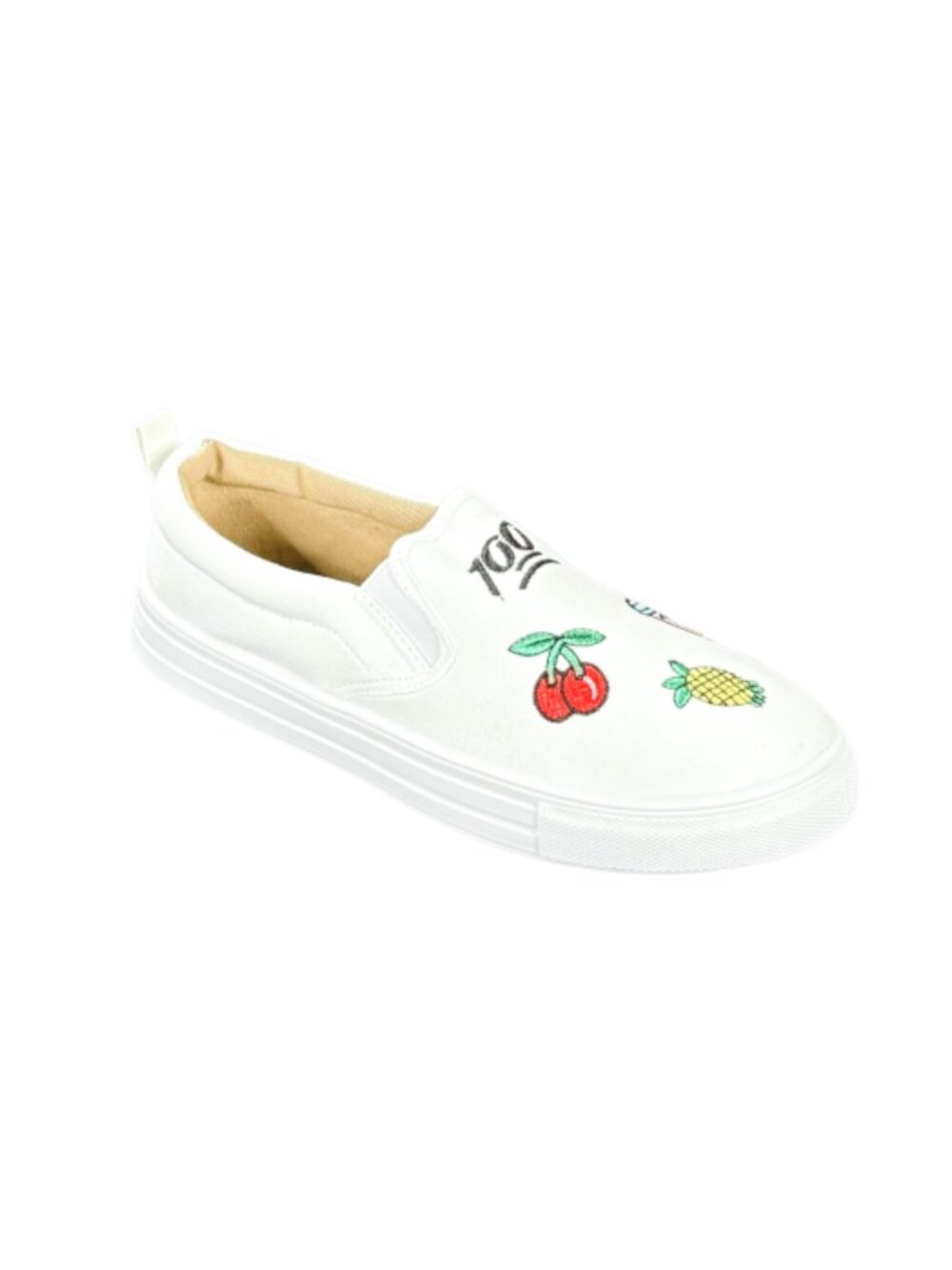 Qupid Reba-155B White Canvas Slip-On Sneakers Embroidered Casual Shoes